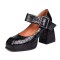 Chunky High Heels Square Toe Platform Pumps Mary Janes Buckle Strap Crocodile Embossed Sandals - Black Faux Leather