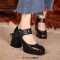Chunky High Heels Square Toe Platform Pumps Mary Janes Buckle Strap Crocodile Embossed Sandals - Black Faux Leather