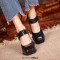 Chunky High Heels Square Toe Platform Pumps Mary Janes Buckle Strap Crocodile Embossed Sandals - Black Faux Leather