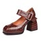 Chunky High Heels Square Toe Platform Pumps Mary Janes Buckle Strap Crocodile Embossed Sandals - Brown Faux Leather