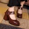 Chunky High Heels Square Toe Platform Pumps Mary Janes Buckle Strap Crocodile Embossed Sandals - Brown Faux Leather