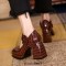 Chunky High Heels Square Toe Platform Pumps Mary Janes Buckle Strap Crocodile Embossed Sandals - Brown Faux Leather