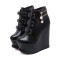 Round Toe Ankle Highs Zipper Platforms Faux Pearl Wedges Shoes - Black Faux Leather