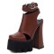 Round Toe Chunky Heels Punk Rivets Ankle Buckle Straps Platforms Pumps - Auburn