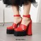 Round Toe Chunky Heels Punk Rivets Ankle Buckle Straps Platforms Pumps - Red
