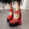 Square Toe Chunky Heels Punk Rivets Ankle Buckle Straps Platforms Pumps - Red