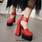 Square Toe Chunky Heels Punk Rivets Ankle Buckle Straps Platforms Pumps - Red