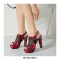 Peep Toe Block Heels Transparent Platforms Snake Print Back Buckle Straps Sandals - Red