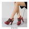Peep Toe Block Heels Transparent Platforms Snake Print Back Buckle Straps Sandals - Red