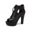 Peep Toe Cuban Heels Lace Up Pumps with Back Zipper - Black