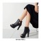 Peep Toe Cuban Heels Rivet Decorated Side Buckle Pumps with Side Zipper - Black