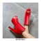 Peep Toe Cuban Heels Rivet Decorated Side Buckle Pumps with Side Zipper - Red