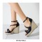Peep Toe Knitted Straw Wedges Ankle Buckle Straps Sandal  - Black