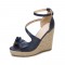 Peep Toe Knitted Straw Wedges Ankle Buckle Straps Sandal  - Blue