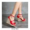 Peep Toe Knitted Straw Wedges Ankle Buckle Straps Sandal  - Red