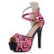 Peep Toe Platforms Snake Print Stiletto Heels Ankle Buckle Cross Straps Back Zipper Pumps Sandals - Rose Red
