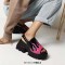 Peep Toe Chunky Heels Onfire Flames Platforms Slingback Sandals - Black Pink Patent