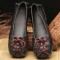 Round Toe Retro Bohemian Slip On Embroidered Flowers Flats Ballets - Black Leather