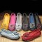 Round Toe Retro Bohemian Slip On Embroidered Flowers Flats Ballets - Black Leather