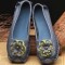 Round Toe Retro Bohemian Slip On Embroidered Flowers Flats Ballets - DarkBlue Leather