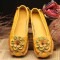 Round Toe Retro Bohemian Slip On Embroidered Flowers Flats Ballets - Yellow Leather