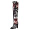 Pointed Toe Over The Knees Thigh Highs Chunky Heels Graffiti Print Boots - Black Fabric