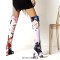 Pointed Toe Over The Knees Thigh Highs Chunky Heels Flower Print Boots - Purple Fabric