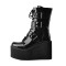 Round Toe Platforms Lace Up Trible Buckle Straps Side Zipper Gothic Punk Wedges Boots - Black