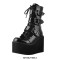 Round Toe Platforms Lace Up Trible Buckle Straps Side Zipper Gothic Punk Wedges Boots - Black