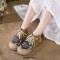 Round Toe Cotton Linen Ethnic Kilim Pattern Lace Up Flat Shoes - Blue