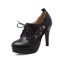 Round Toe Low Platforms Lace Up Mesh Stiletto Spike Cover Heels Loafer Pumps - Black Faux Leather