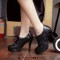 Round Toe Low Platforms Lace Up Mesh Stiletto Spike Cover Heels Loafer Pumps - Black Faux Leather
