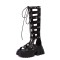 Peep Toe Hollow Cross Straps Lace Up Roman Style Gladiator Platform Chunky Heels Summer Boots - Black Patent