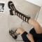 Peep Toe Hollow Cross Straps Lace Up Roman Style Gladiator Platform Chunky Heels Summer Boots - Black Patent