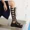 Peep Toe Hollow Cross Straps Lace Up Roman Style Gladiator Platform Chunky Heels Summer Boots - Black Patent