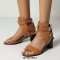 Peep Toe Chunky Heels Ankle Rivet Buckle Straps Summer Sandals - Auburn
