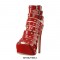 Stiletto Heels Peep Toe Buckle Straps Platform Rhinestones Ankle Pumps - Red
