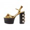 Faux Pearl Decorated Chunky Heels Peep Toe Ankle Straps Platform Sandals - Gold