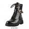 Patent Leather Lace Up Rivet Decorated Buckle Strap Ankle Boots with Side Zipper - Black
