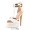 Peep Toe Stiletto Heels Ankle Buckle Double Golden T Straps Sandals - White Faux Leather