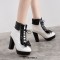 Round Toe Lace Up Cuban Heels Ankle High Platforms Bowtie Decorated Anime Boots - Black
