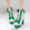 Round Toe Lace Up Cuban Heels Ankle High Platforms Bowtie Decorated Anime Boots - Green