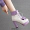 Round Toe Lace Up Cuban Heels Ankle High Platforms Bowtie Decorated Anime Boots - Purple