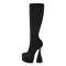 Round Toe Elastic Platforms Bowling Heels Side Zipper Knee Highs Boots - Black Flock