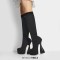 Round Toe Elastic Platforms Bowling Heels Side Zipper Knee Highs Boots - Black Flock