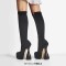 Round Toe Elastic Platforms Bowling Heels Side Zipper Knee Highs Boots - Black Flock