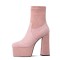 Round Toe Chunky Heels Ankle High Platforms Flock Booties - Pink
