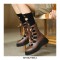 Round Toe Platforms Ribbon Lace Up Boots with Back Zipper - Auburn