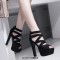 Thick Heel Fish Mouth Strap Hollow Platforms Back Zipper Sandals - Black Flock
