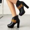 Round Toe Chunky Heels Snake Pattern Straps Low Platforms Ankle Highs Zipper Boots - Green Faux Leather